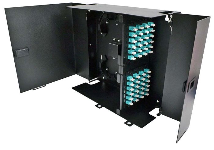 Wall Mount Enclosure 8 Panel Deluxe Loaded with 8 Duplex LC OM3 Plates Pigtails & Splice Trays Black