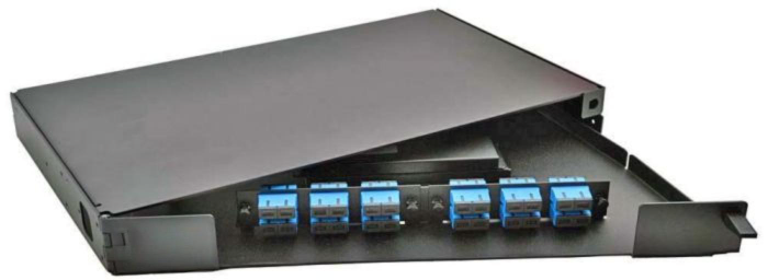 Rack Mount Enclosure Swingout 1RU Loaded with 2 Duplex SC/PC OM3 Plates & Tray Black