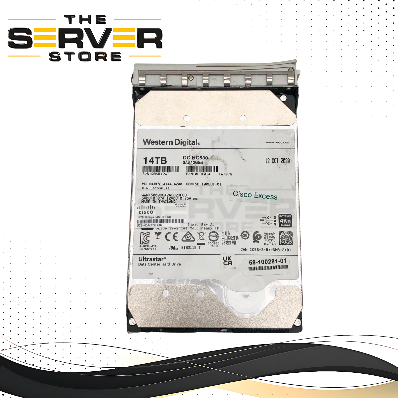 Cisco Western Digital Ultrastar DC HC530 14TB 4Kn 7.2K RPM SAS 12Gb/s 3.5-inch LFF Hard Drive (HDD) with Cisco Hot-Swap Tray. P/N: UCS-HD14T7KL4KN.