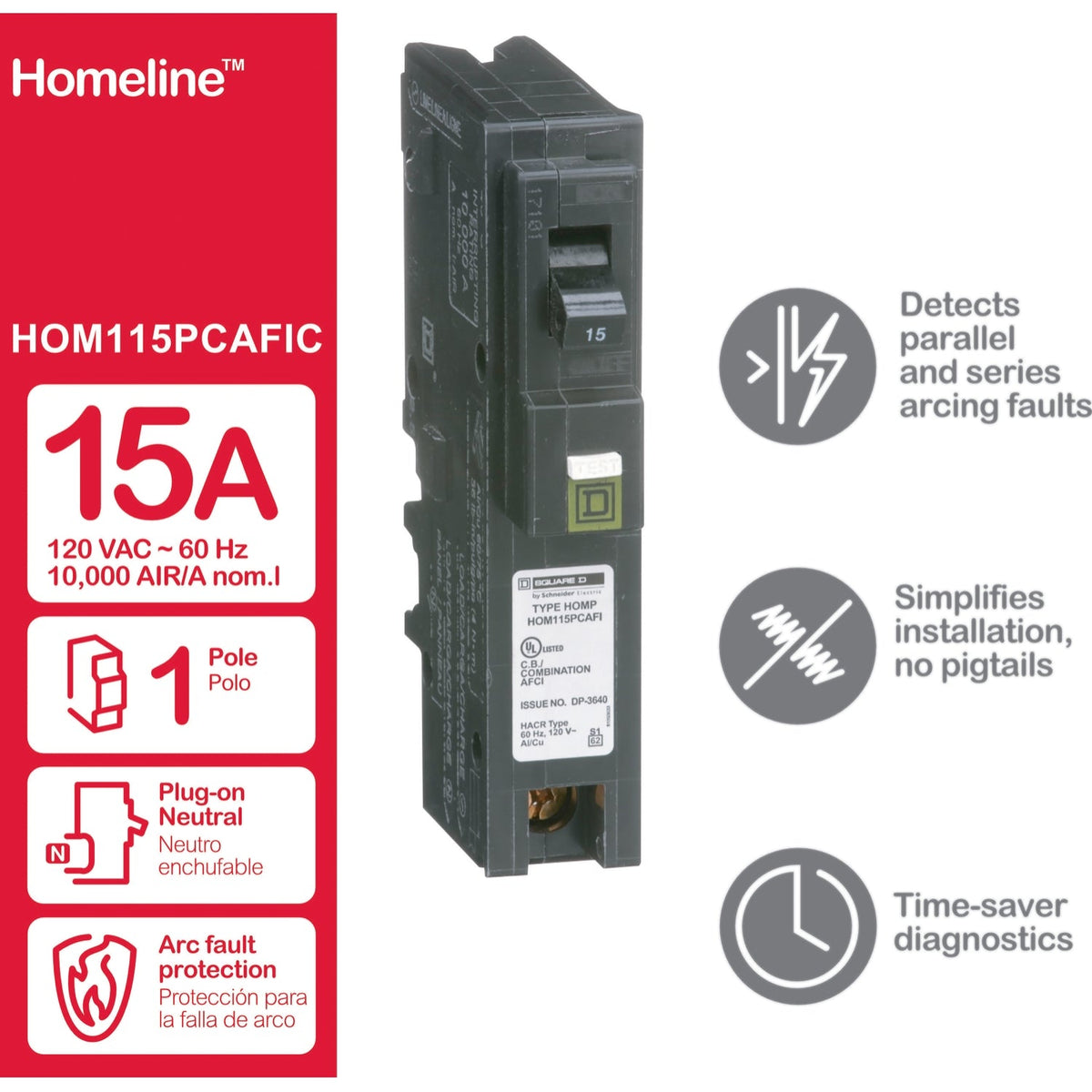 HOM115PCAFIC | Square D Homeline 15A 1-Pole Plug-On Neutral CAFCI Circuit Breaker