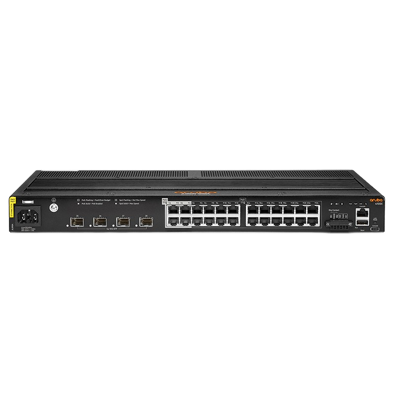 JL818A ARUBA 4100i 24-port 1GbE (20-port Class 4 POE and 4-port Class 6 POE) 4-port SFP+ Switch - RENEW