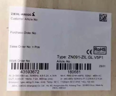 ZN091-ZIL.GL.V5P1 ZIEHL-ABEGG Axial Fan 3~380/480V 3.2kW 5.2/4.2A 1100rpm