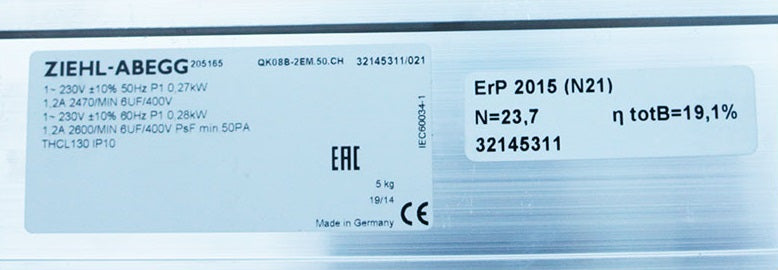 QK08B-2EM.50.CH ZIEHL-ABEGG Crossflow fan 1~230V 0.27/0.28kW 1.2A 2470/2600rpm