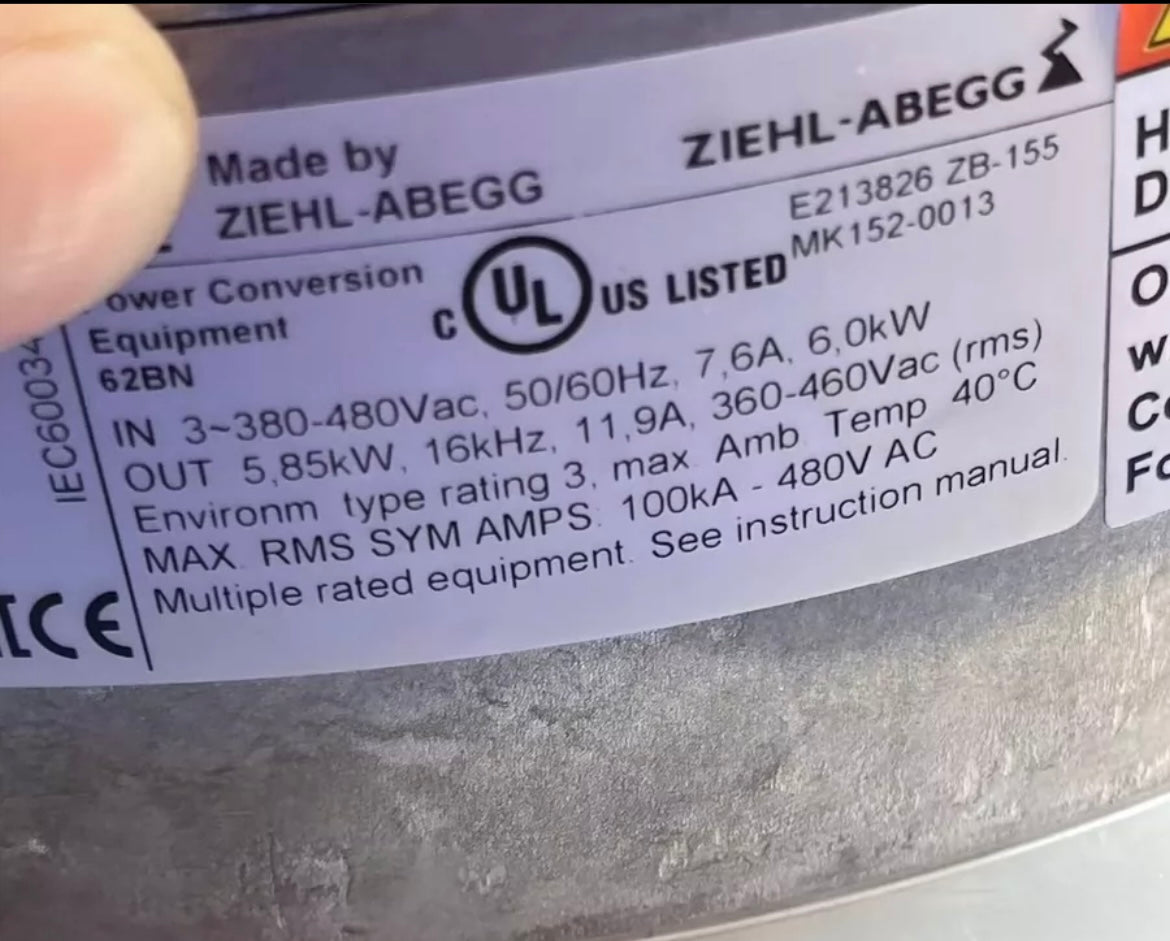 ZIEHL-ABEGG RH56I-ZID.GL.CR Centrifugal Fan | 4.6kW Industrial | 380/480V 3-Phase 11.9/7.6A