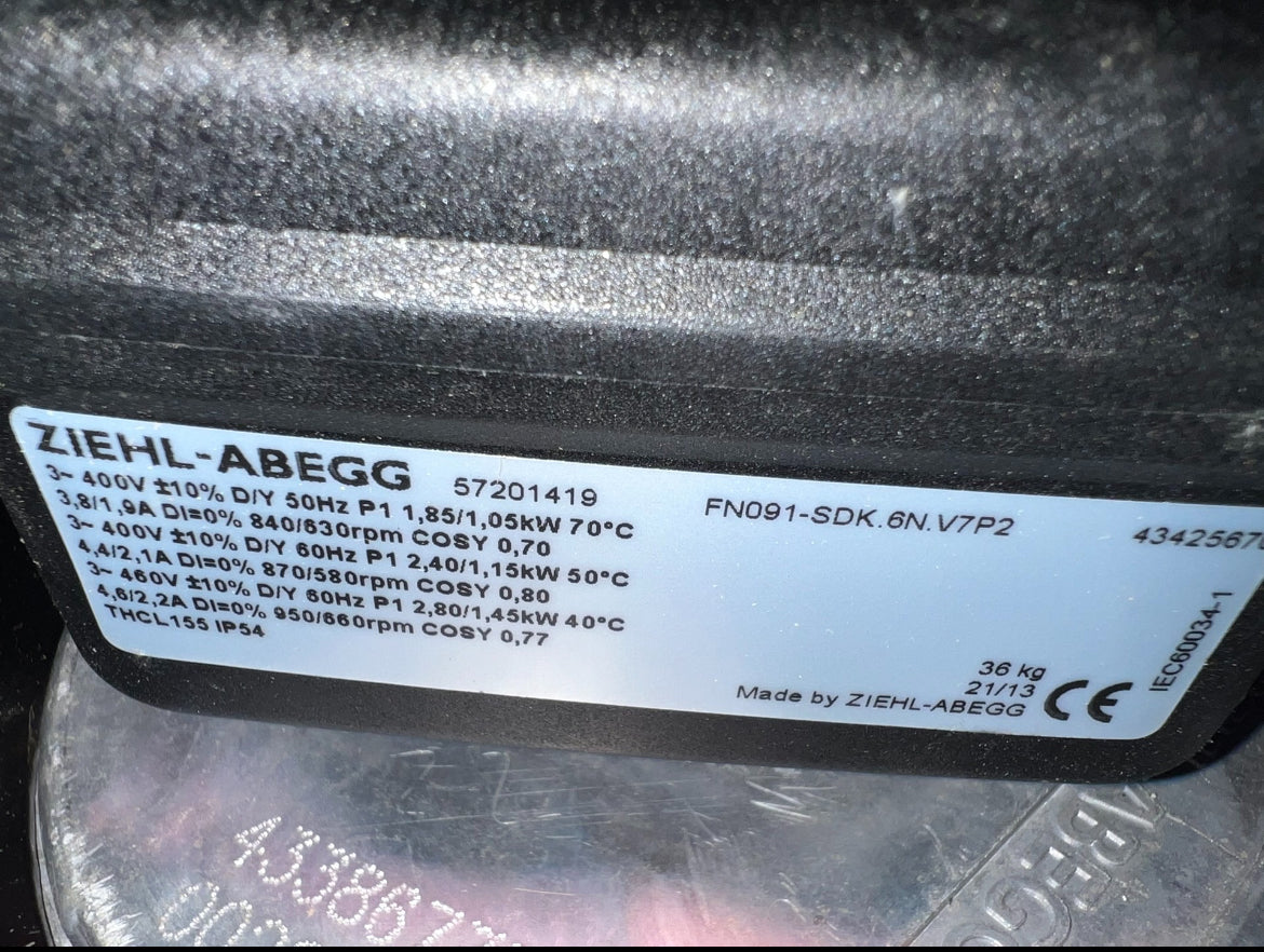 FN091-SDK.6N.V7P2 ZIEHL-ABEGG Axial Fan 400V 1.05/2.8kW 1.9/4.6A 630/950rpm industrial fan