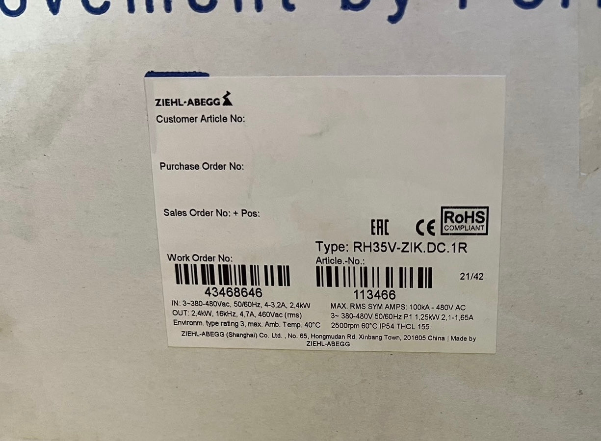 Brand new RH35V-ZlK.DC.1R ZIEHL-ABEGG centrifugal fan 200-277V/380-480V 0.86kW 2200RPM