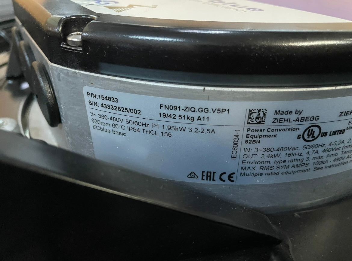 FN091-ZIQ.GG.V5P1 ZIEHL-ABEGG Axial Fan 1.95kW 3.2/2.5A