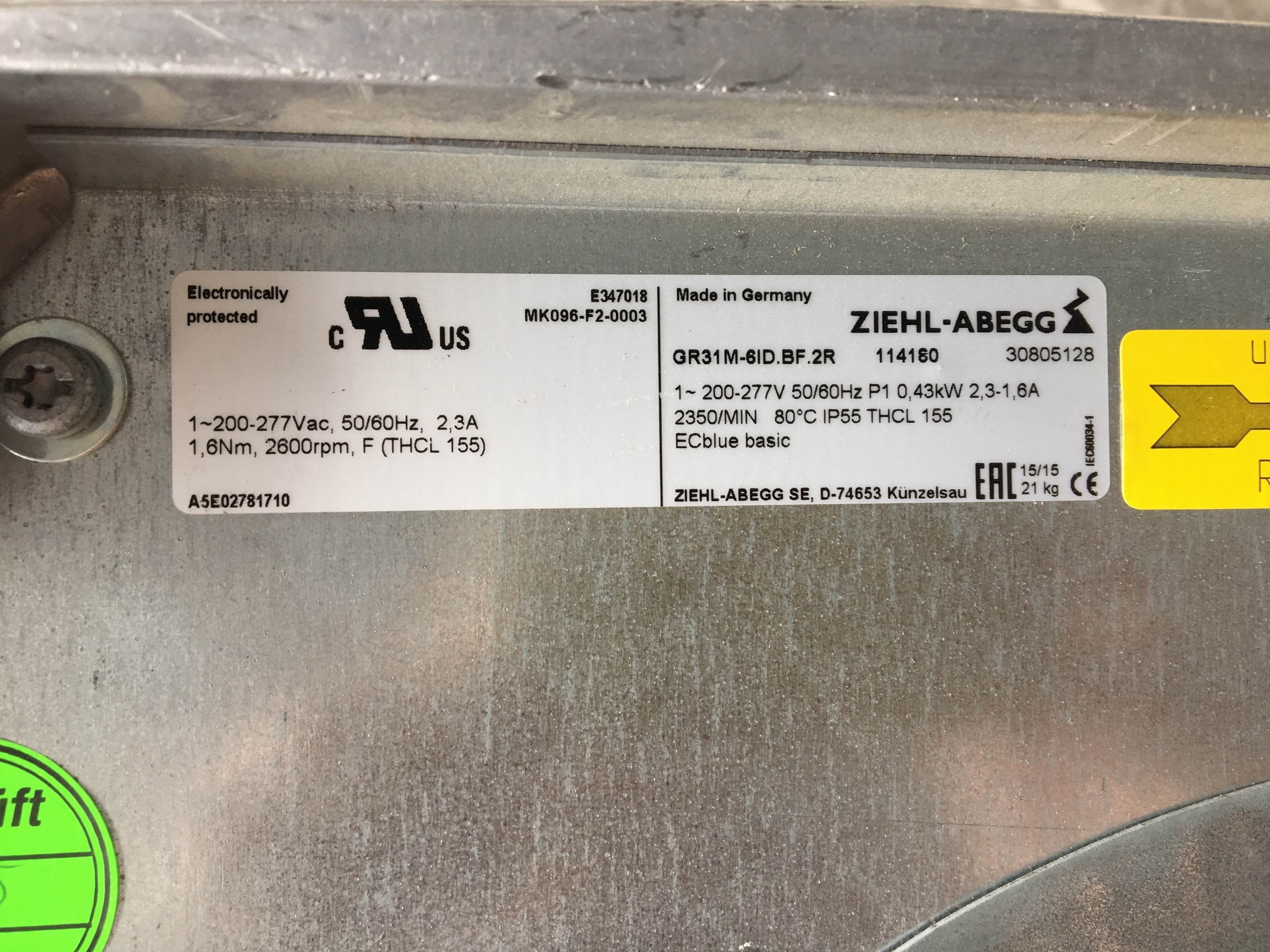 GR31M-6ID.BF.2R ZIEHL-ABEGG centrifugal fan 200-277V 0.38KW 1.9/1.35A 2350rpm