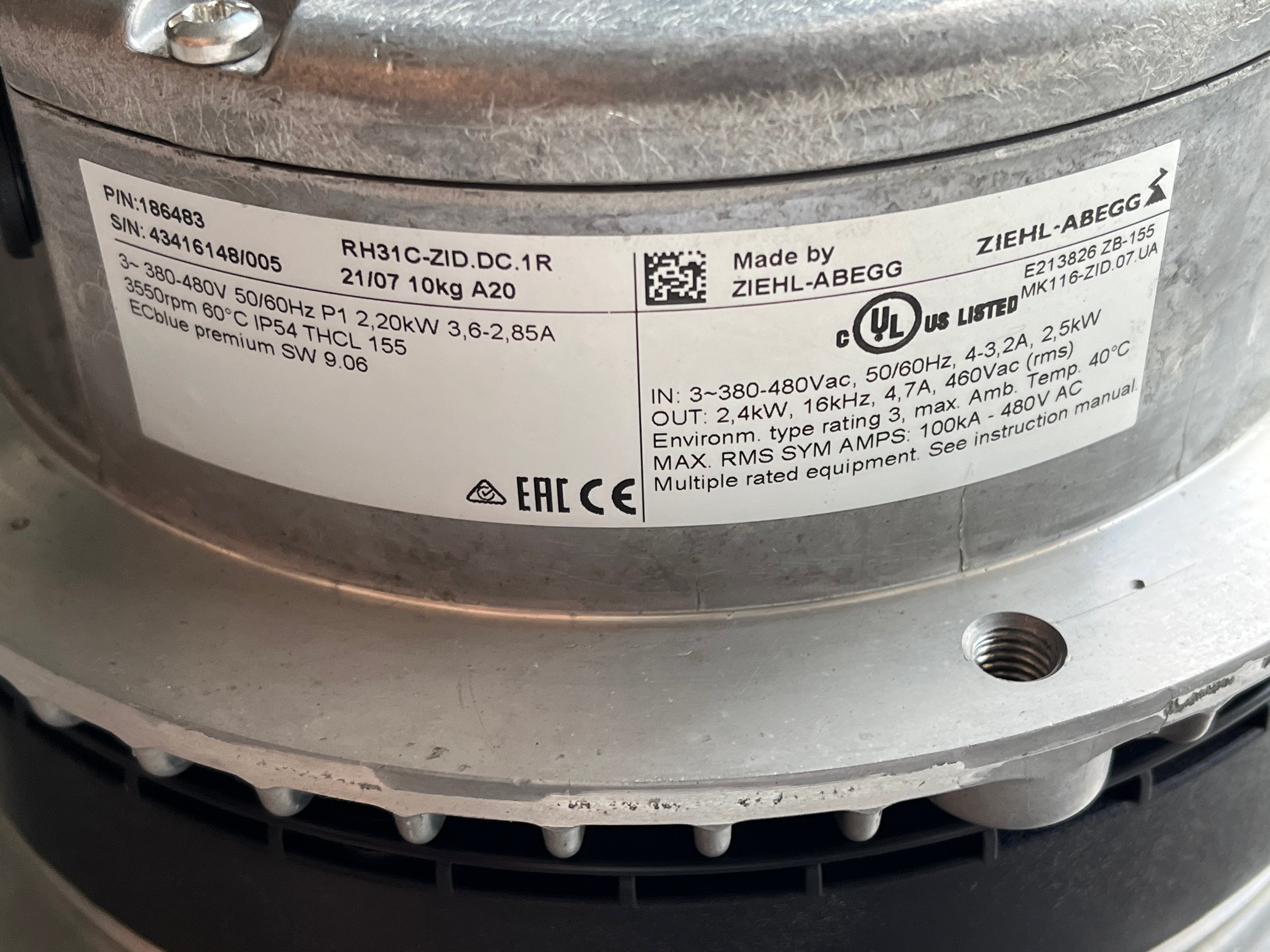 RH31C-ZID.DC.1R ZIEHL-ABEGG centrifugal fan 380V-480V 2200W 3.6/2.85A