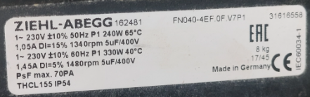 FN040-4EF.0F.V7P1 ZIEHL-ABEGG Axial Fan 0.33/0.24kW 3~400-460V 1.45/1.05A