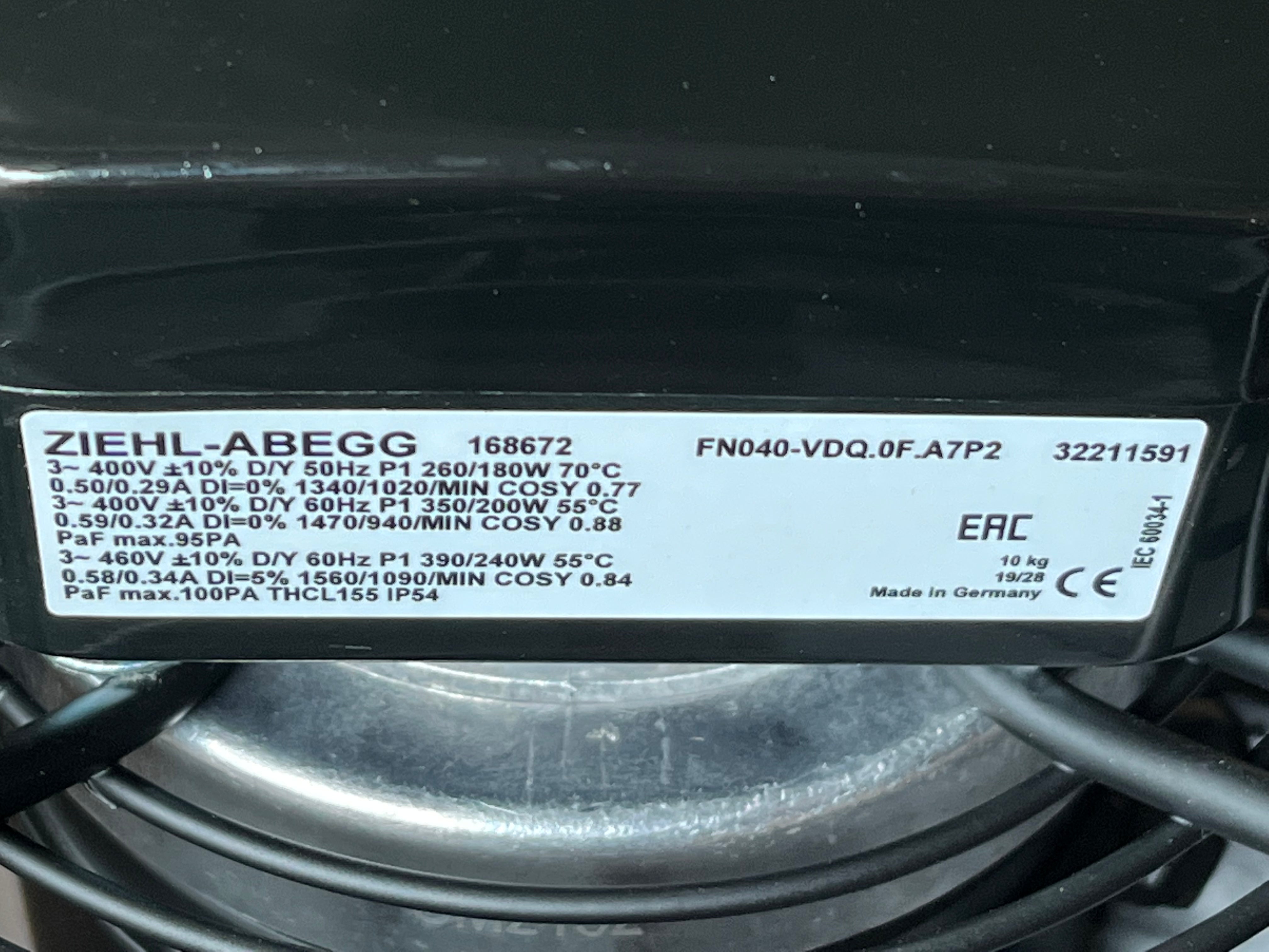 FN040-VDQ.0F.A7P2 ZIEHL-ABEGG Axial Fan 400V 0.18/0.39kW 0.29/0.58A 1020/1560rpm WITHOUT Plate