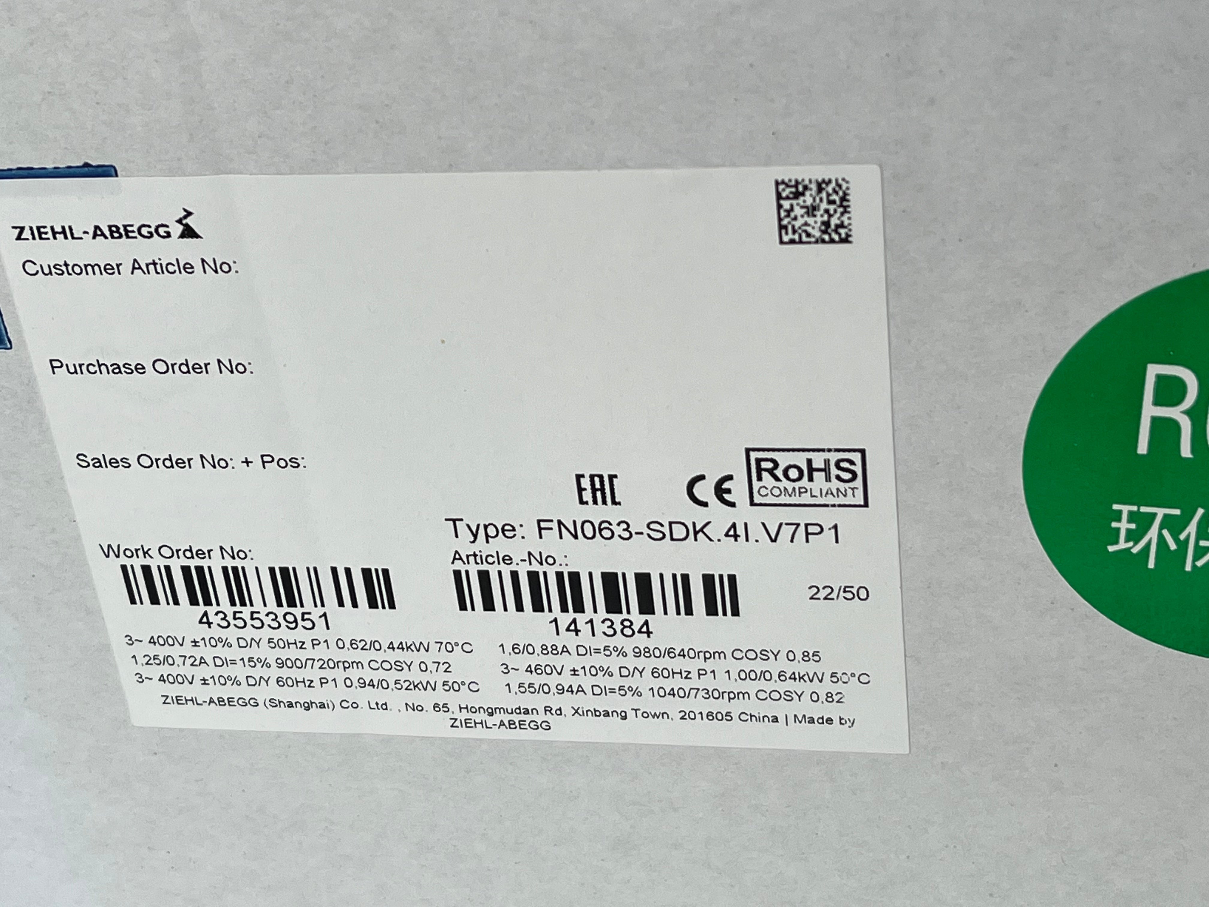 FN063-SDK.4I.V7P1 ZIEHL-ABEGG Axial Fan 3-400V 50/60HZ 0.62/0.44 kW 1.25/0.72A