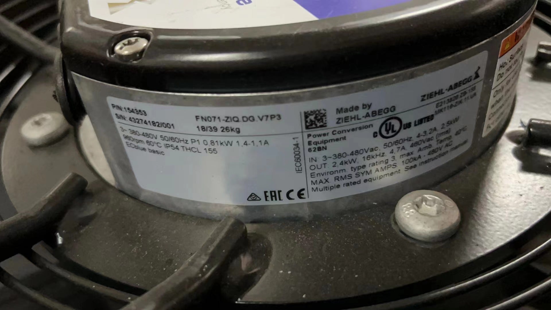 FN071-ZIQ.DG.V7P3 ZIEHL-ABEGG Axial Fan 380/480V 50/60HZ MK116-ZIK.11.UA