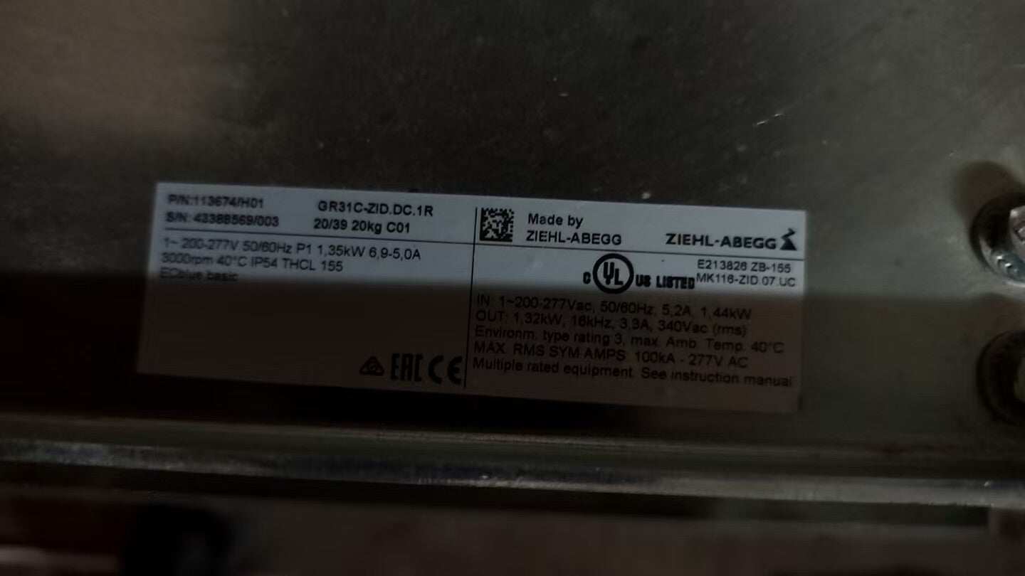 GR31C-ZID.DC.1R ZIEHL-ABEGG centrifugal fan 1~200-277V 1.35KW 6.5/5.0A 3000rpm