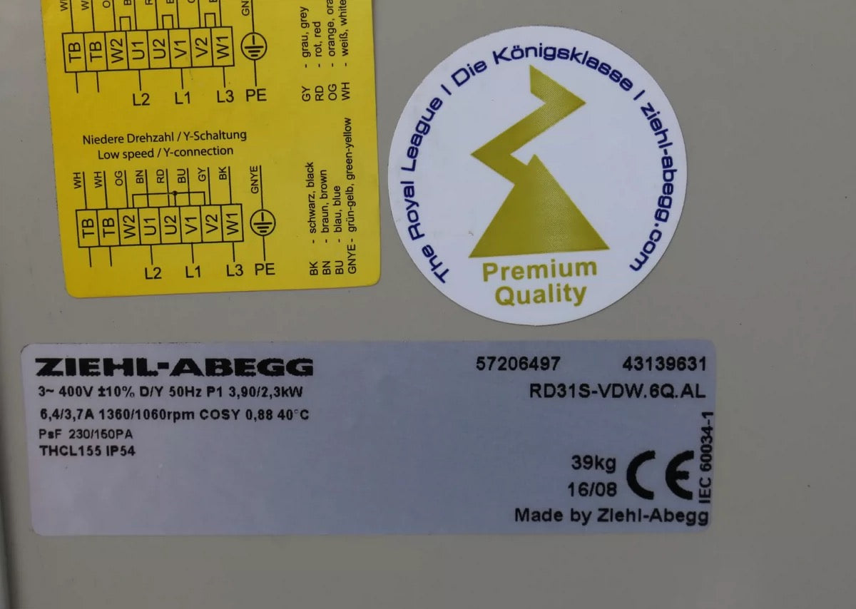 ZIEHL-ABEGG RD31S-VDW.6Q.AL Dual-Power Centrifugal Fan - Variable Speed 1300/1060RPM