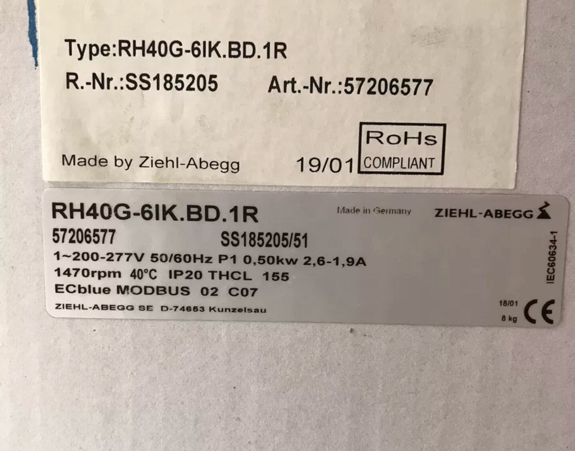 RH40G-61K.BD.1R ZIEHL-ABEGG centrifugal fan 0.5kW 200-277V 2.6/1.9A 1470rpm