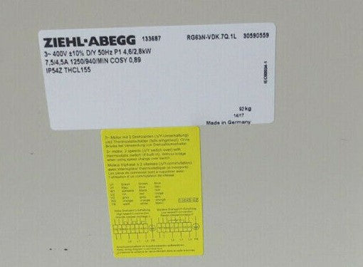 RH63N-VDK.7Q.1L ZIEHL-ABEGG centrifugal fan | 3~400V | 1250/940RPM 4.6/2.8kW 7.5/4.5A