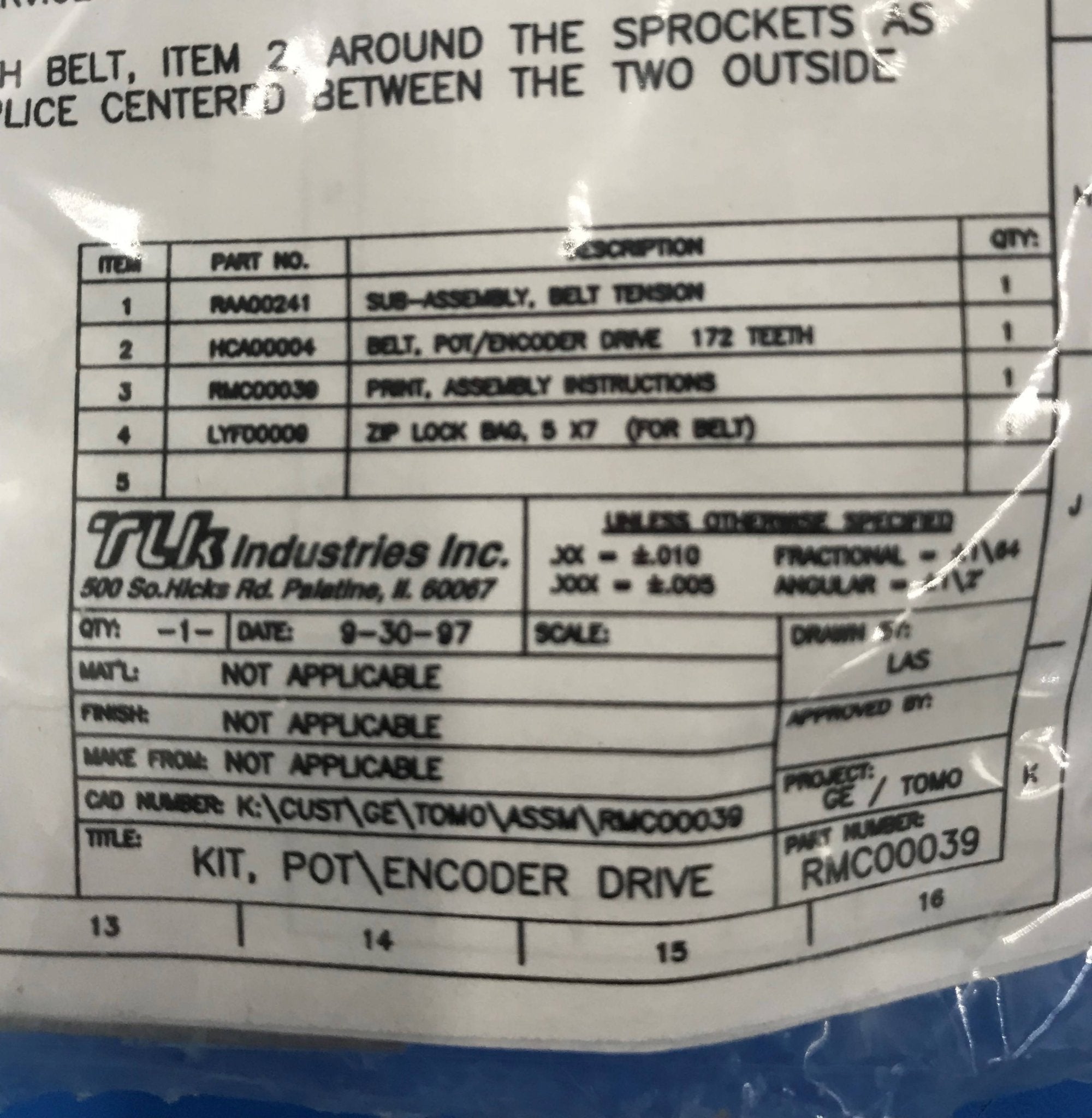 NEW TOMO Link Pot/Encoder Driver Belt Kit (2109740-87) GE