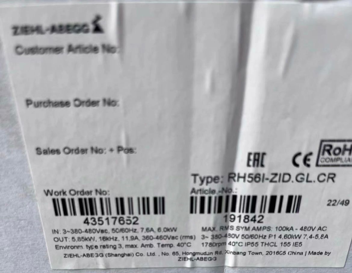 ZIEHL-ABEGG RH56I-ZID.GL.CR Centrifugal Fan | 4.6kW Industrial | 380/480V 3-Phase 11.9/7.6A
