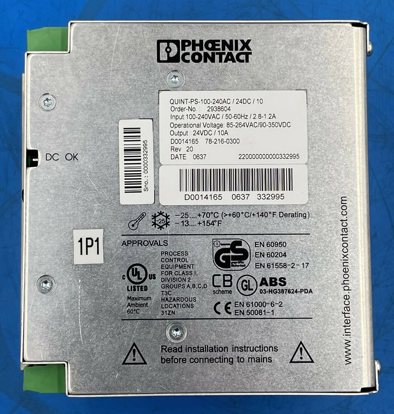 PHOENIX CONTACT POWER SUPPLY (QUINT-PS-100-240AC/24DC/10)