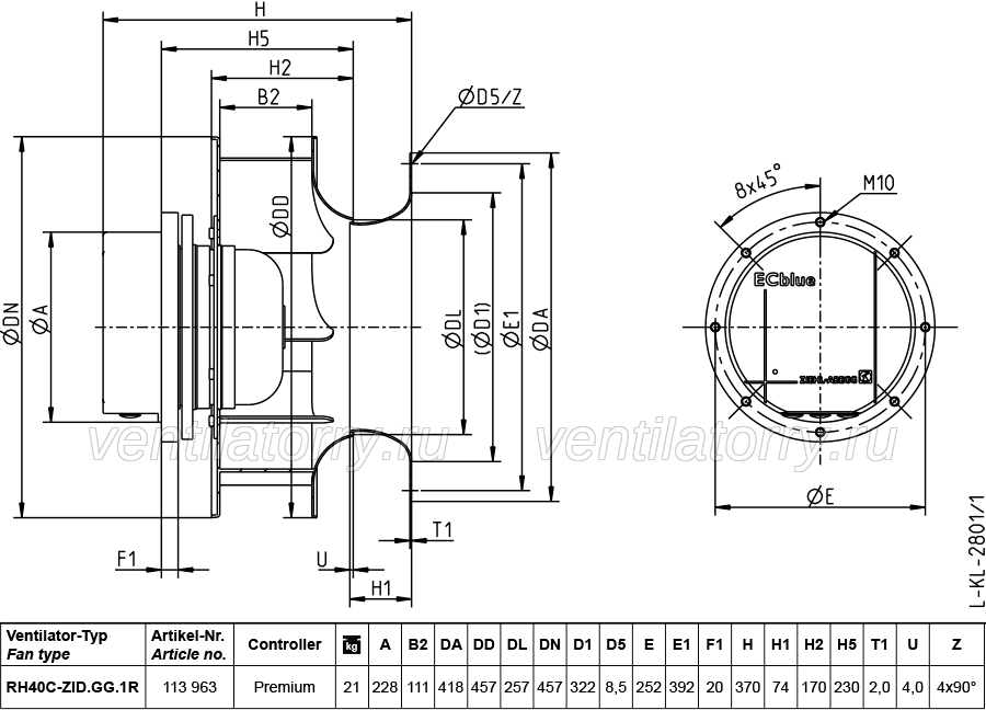 RH40C-ZID.GG.1R ZIEHL-ABEGG centrifugal fan MK152-ZID.11.UA 4.1kW 6.5-5,2A 3/380-480V 50/60Hz