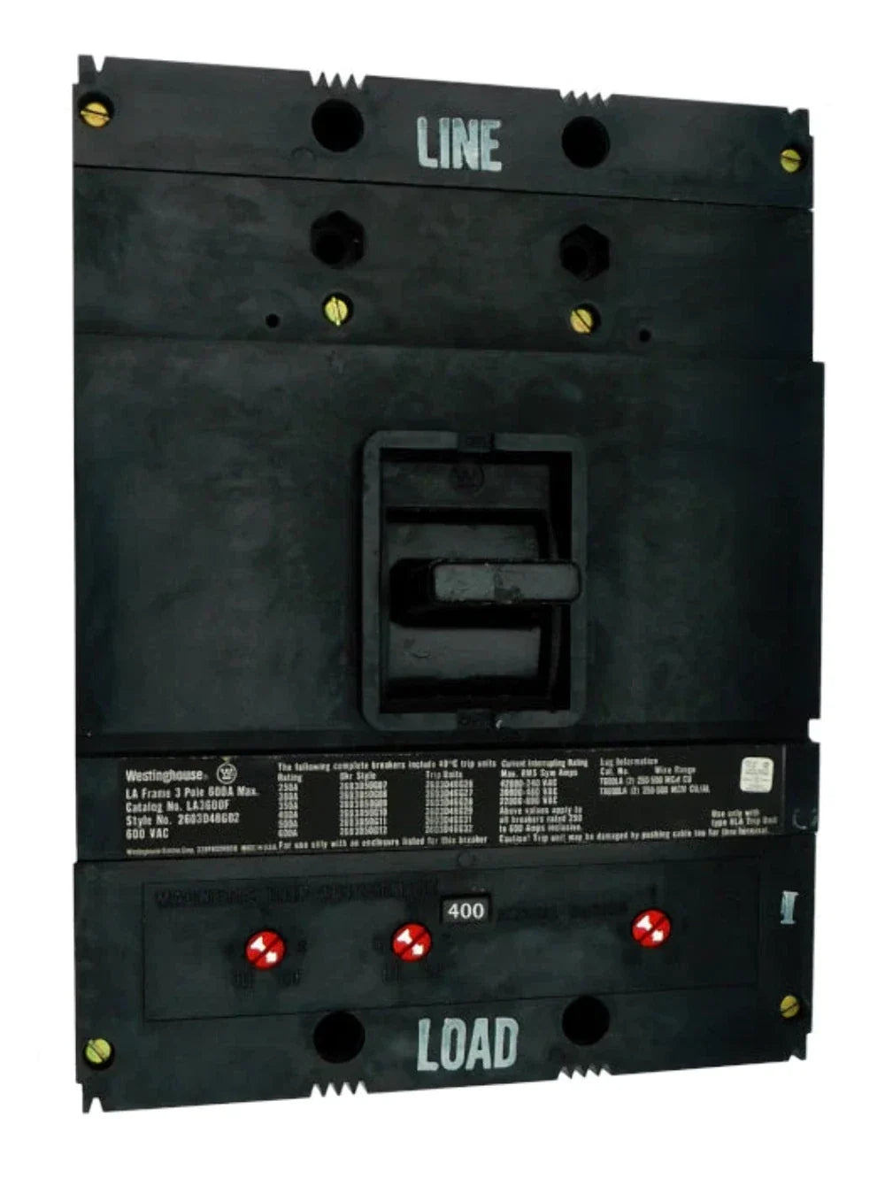 Westinghouse LA3600F Molded Case Circuit Breaker Frame 600 Ampere 3 Pole 600 Volt AC