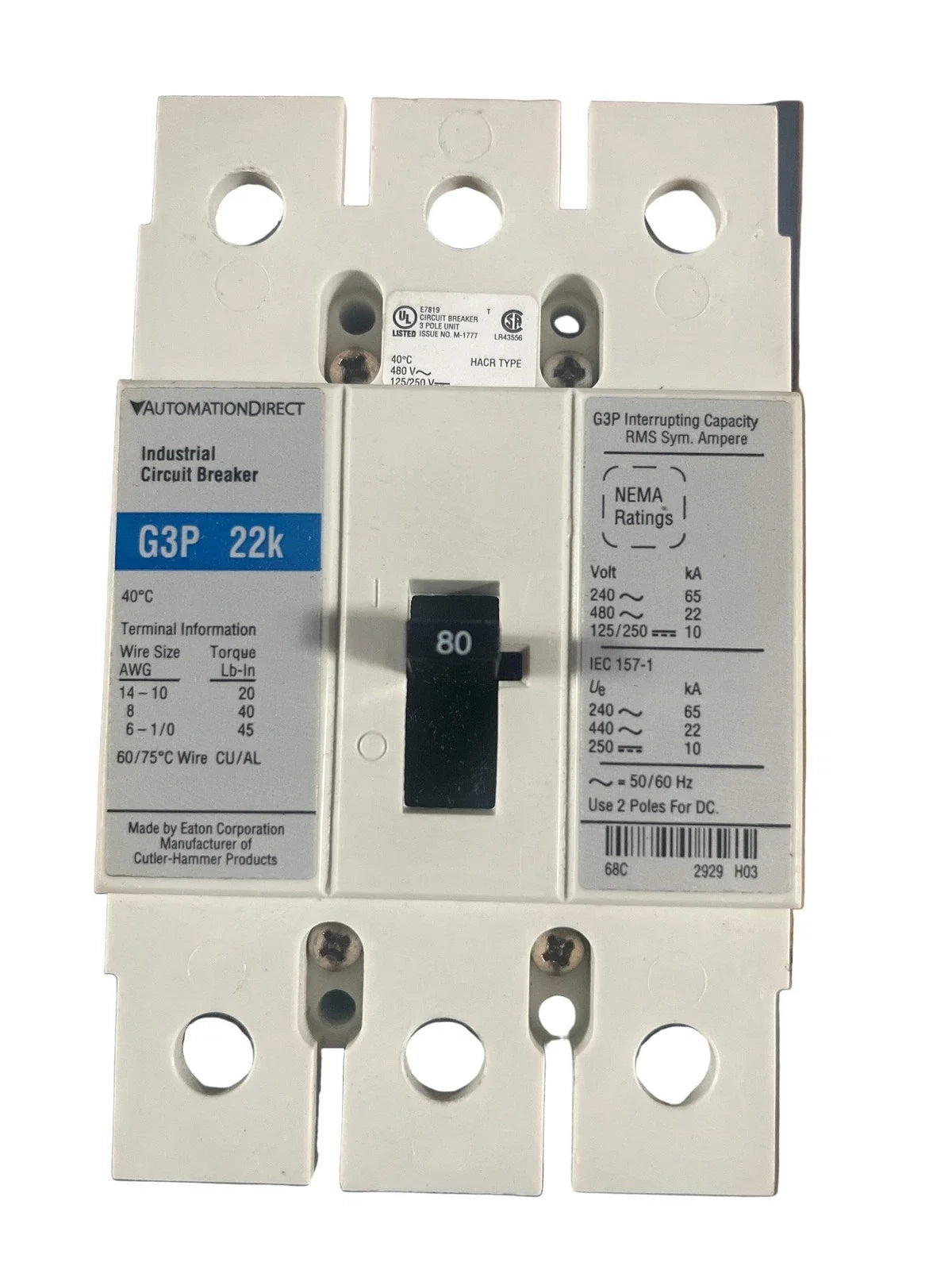 G3P-080 | Automation Direct Eaton 80A 3-Pole Molded Case Circuit Breaker