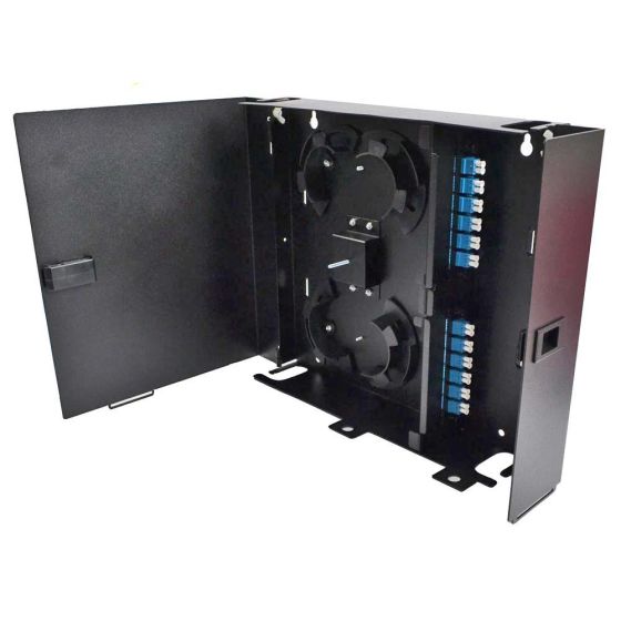 Wall Mount Enclosure 2 Panel Deluxe Loaded with 2 Duplex LC/UPC Plates & Splice Trays Black