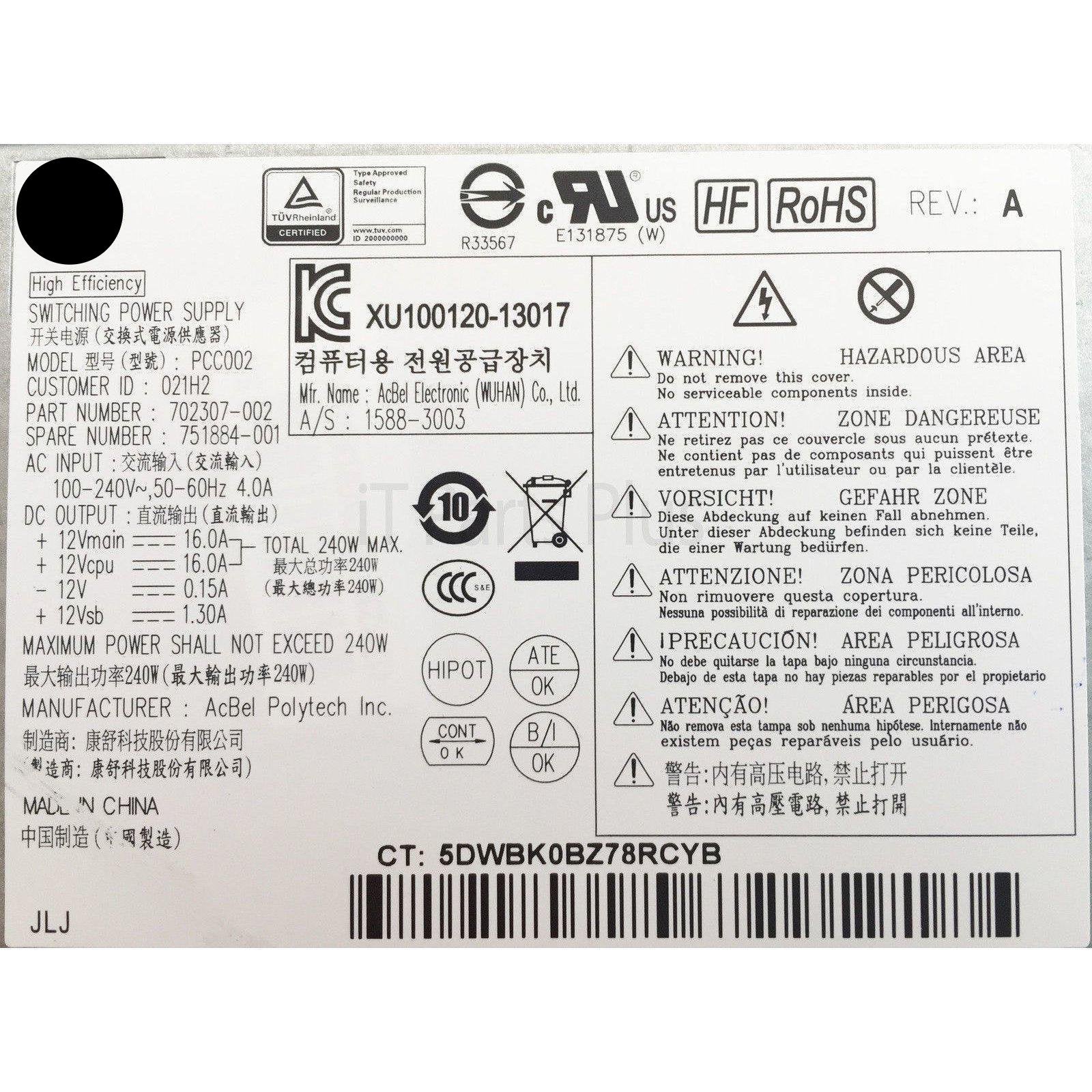HP Elitedesk 600 800 G1 SFF Power Supply 240W 751884 751886 702307 702309-001-FoxTI