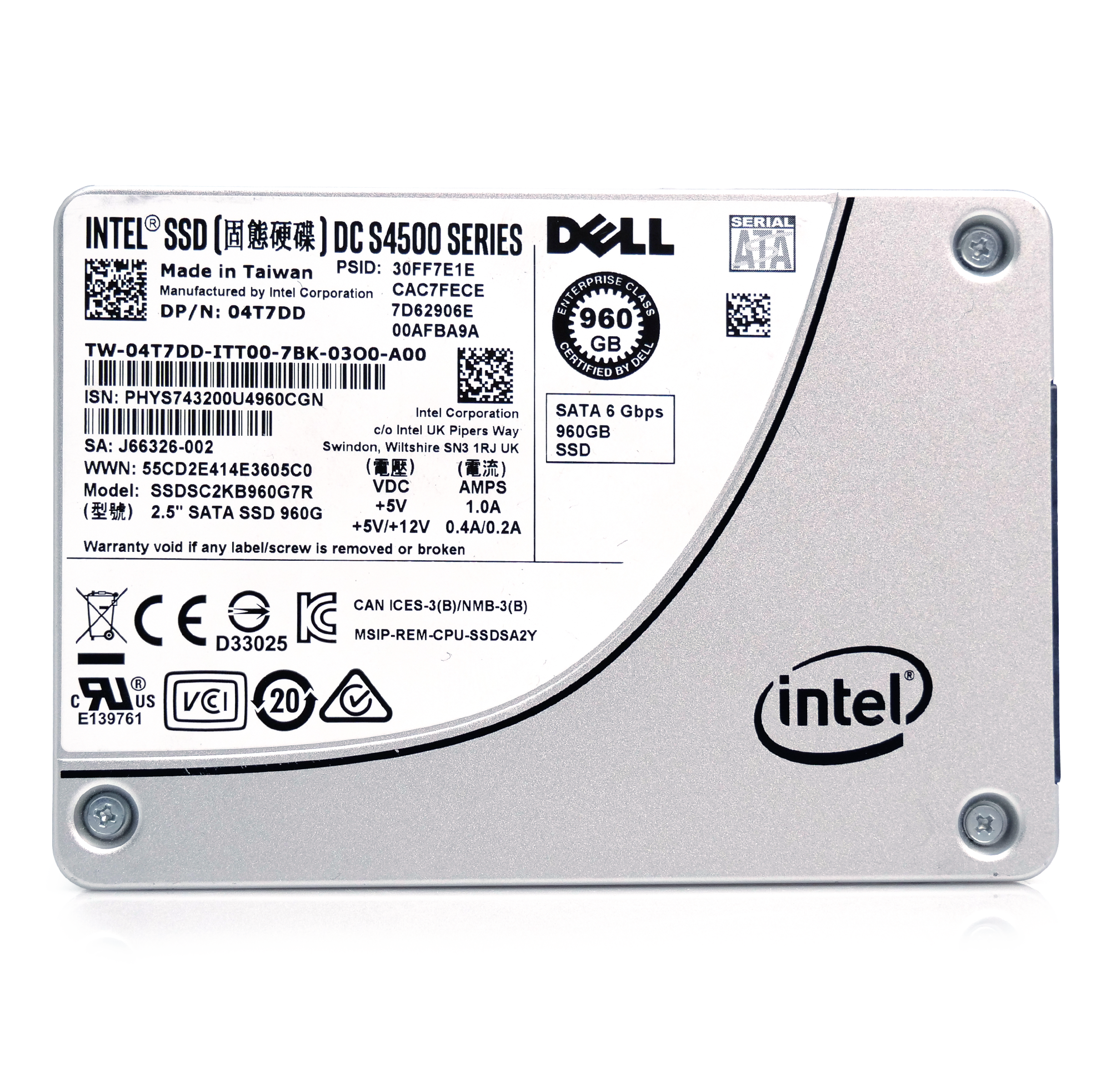 Intel/Dell SSDSC2KB960G7R 960GB 1 DWPD SATA 6Gb/s 3D TLC 2.5in Refurbished SSD