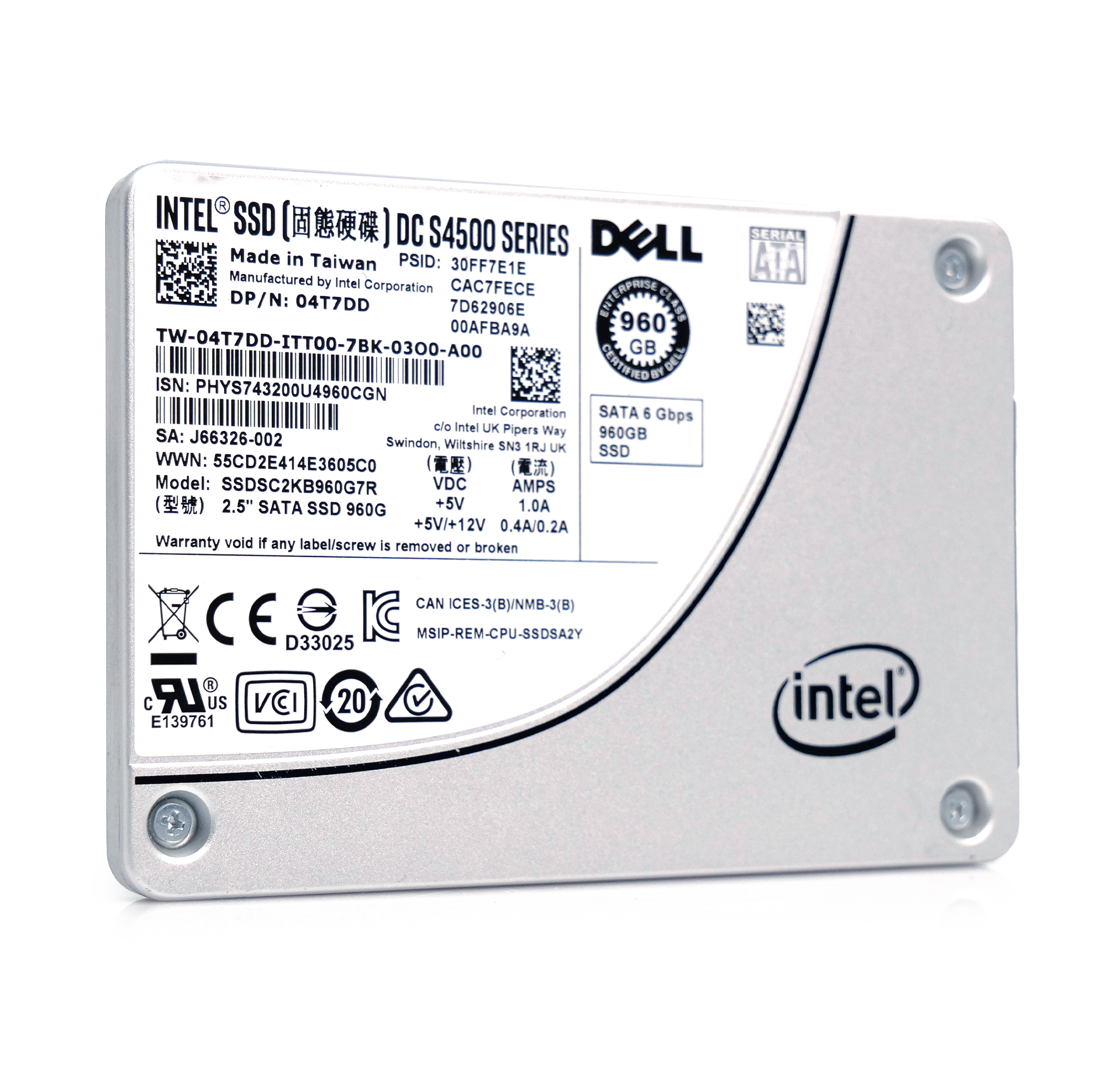 Intel/Dell SSDSC2KB960G7R 960GB 1 DWPD SATA 6Gb/s 3D TLC 2.5in Refurbished SSD