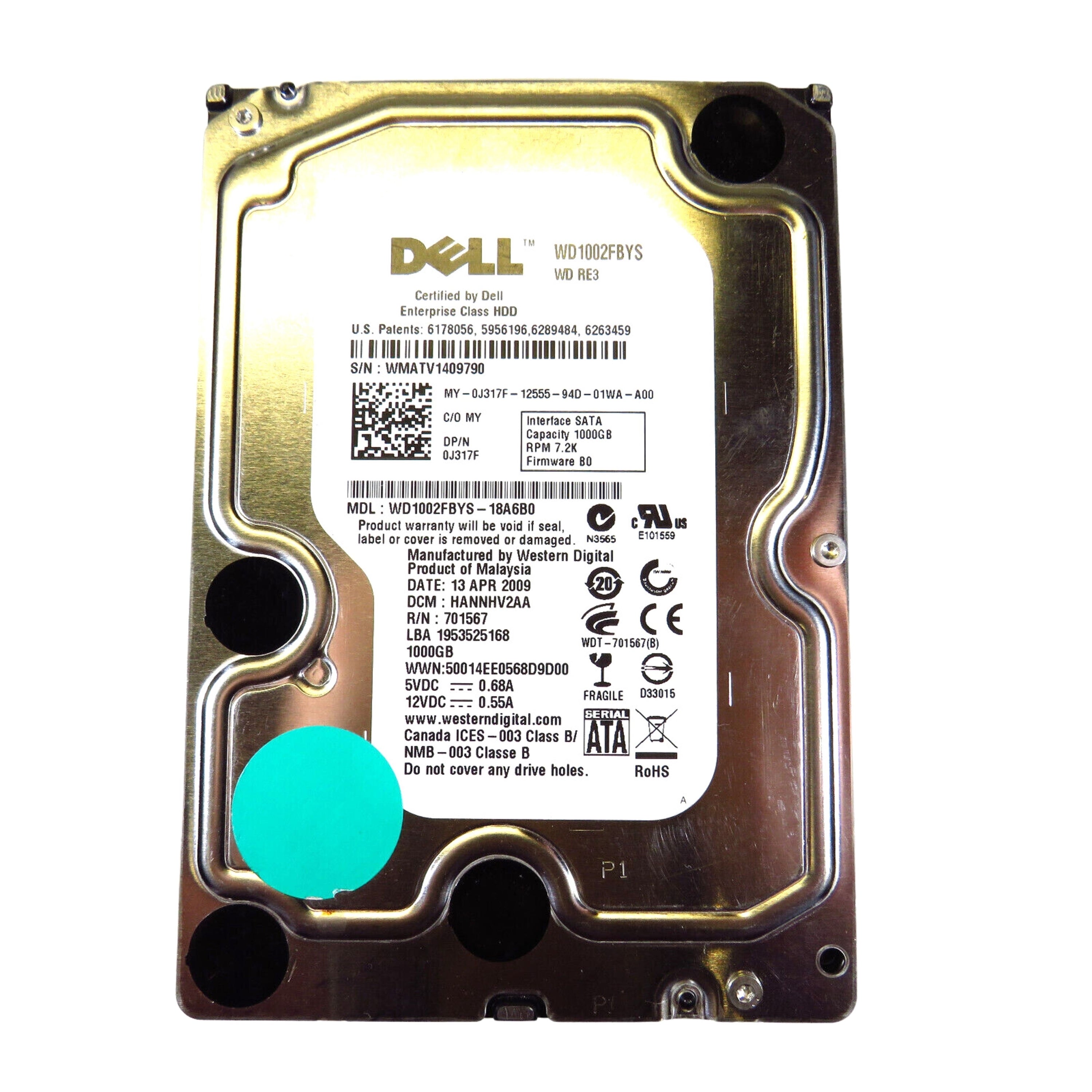 Dell J317F 3.5" 1TB 7200RPM SATA II Hard Disk Drive (HDD), Silver (Refurbished)