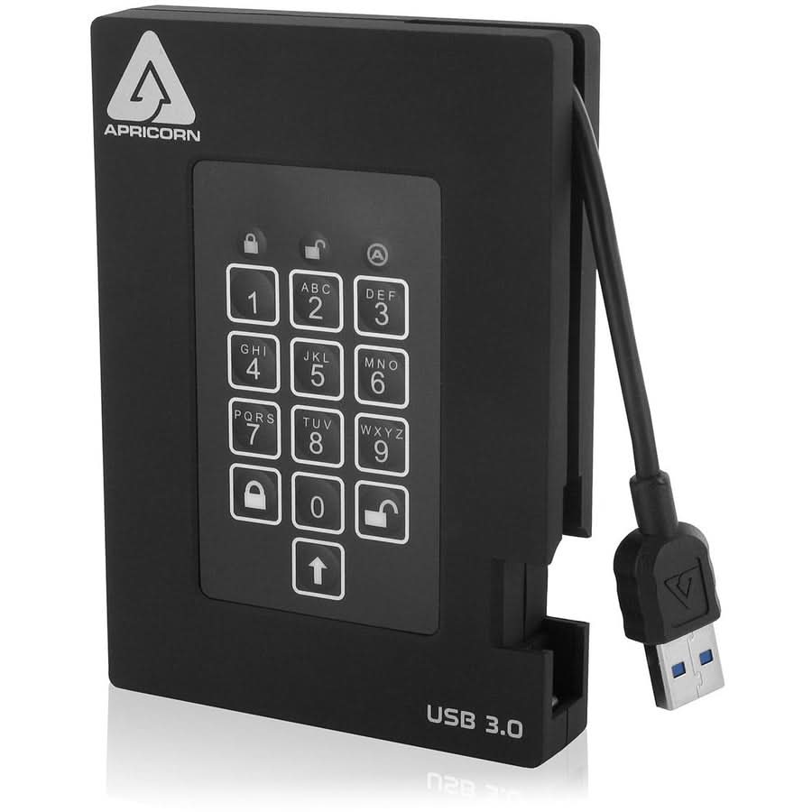 Apricorn Aegis Padlock A25-3PL256-500F 500GB 2.5-in External Black Portable Rugged Hard Drive