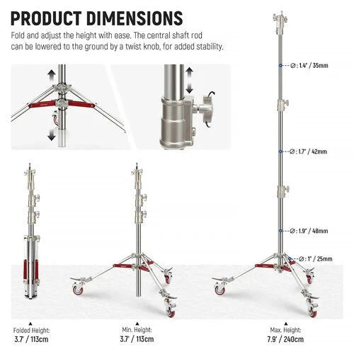 Neewer ST240SS Stainless Steel Light Stand with Casters (7.9')