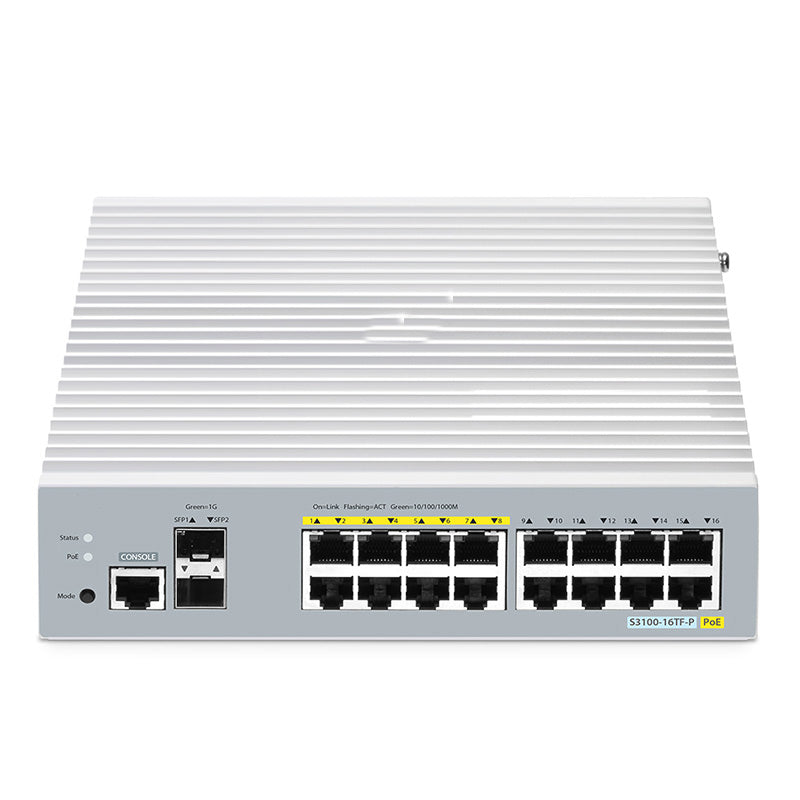 FS-S3100-16TF-P, 16-Port Gigabit Ethernet L2+ PoE+ Switch, 8 x PoE+ Ports@125W, with 2 x 1Gb SFP Uplinks, Broadcom Chip, Fanless