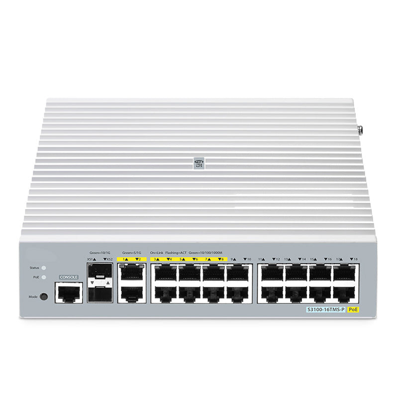 FS-S3100-16TMS-P, 16-Port Gigabit Ethernet L2+ PoE+ Switch, 8 x PoE+ Ports@125W, 2 x 5Gb RJ45, with 2 x 10Gb SFP+ Uplinks, Broadcom Chip