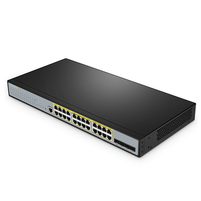 FS-S3400-24T4SP, 24-Port Gigabit Ethernet L2+ PoE+ Switch, 24 x PoE+ Ports @370W, with 4 x 10Gb SFP+ Uplinks, Support Stacking