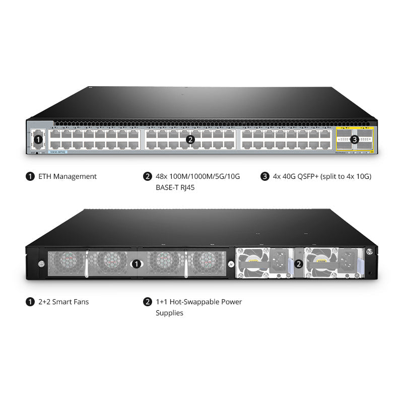 FS-S5850-48T4Q, 48-Port Ethernet L3 Switch, 48 x 10GBASE-T, with 4 x 40Gb QSFP+, Support MPLS&MLAG