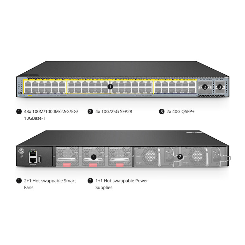 FS-S5860-48XMG-U, 48-Port Ethernet L3 PoE++ Switch, 48 x 10GBASE-T/Multi-Gigabit Ports, 4 x 25Gb SFP28 Uplinks, with 2 x 40Gb QSFP+ Uplinks, Support Stacking, Broadcom Chip