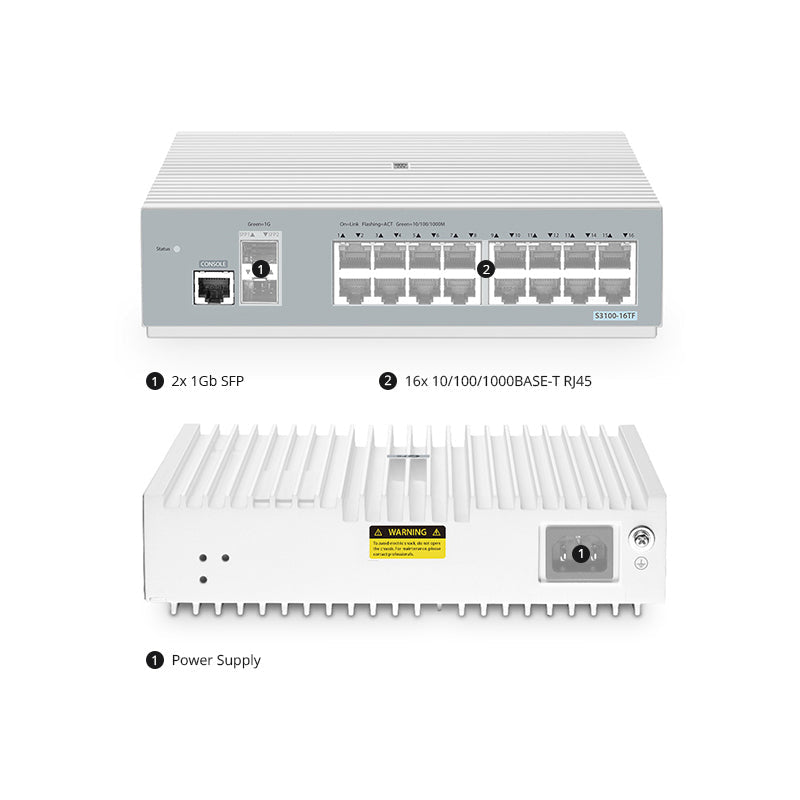 FS-S3100-16TF, 16-Port Gigabit Ethernet L2+ Switch, 16 x 1Gb RJ45, with 2 x 1Gb SFP Uplinks, Broadcom Chip, Fanless