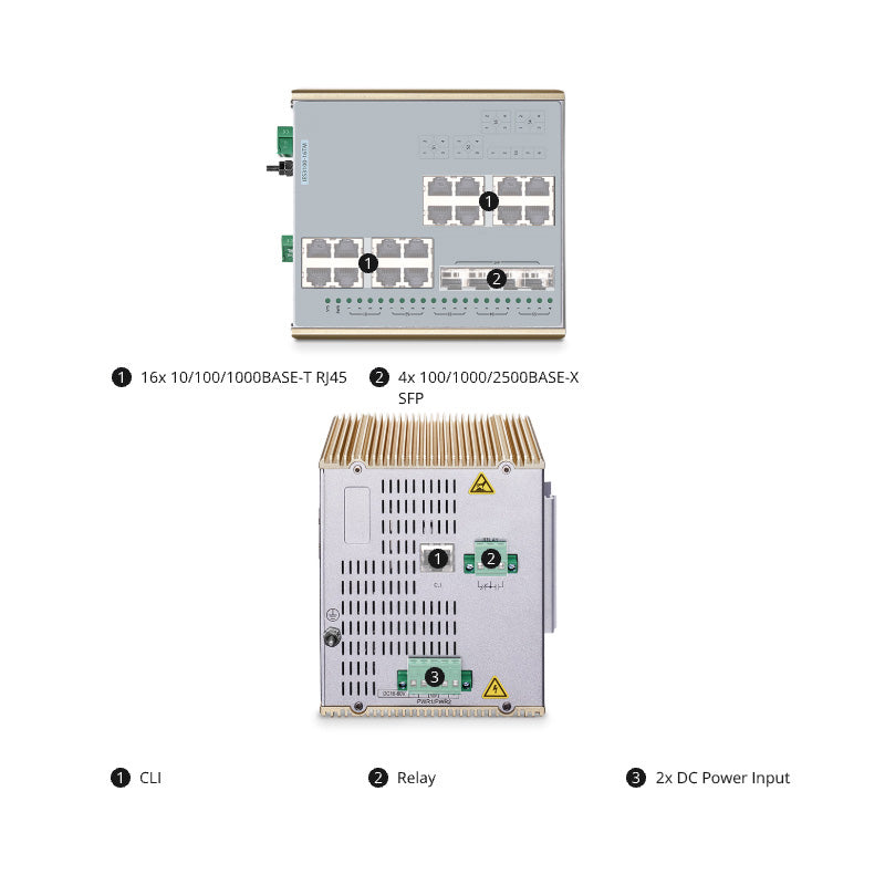 FS-IES3100-16TM, 16-Port Gigabit Ethernet L2 Managed Industrial Switch, 16 x 10/100/1000BASE-T, with 4 x 1/2.5Gb SFP, -40 to 85°C Operating Temperatur