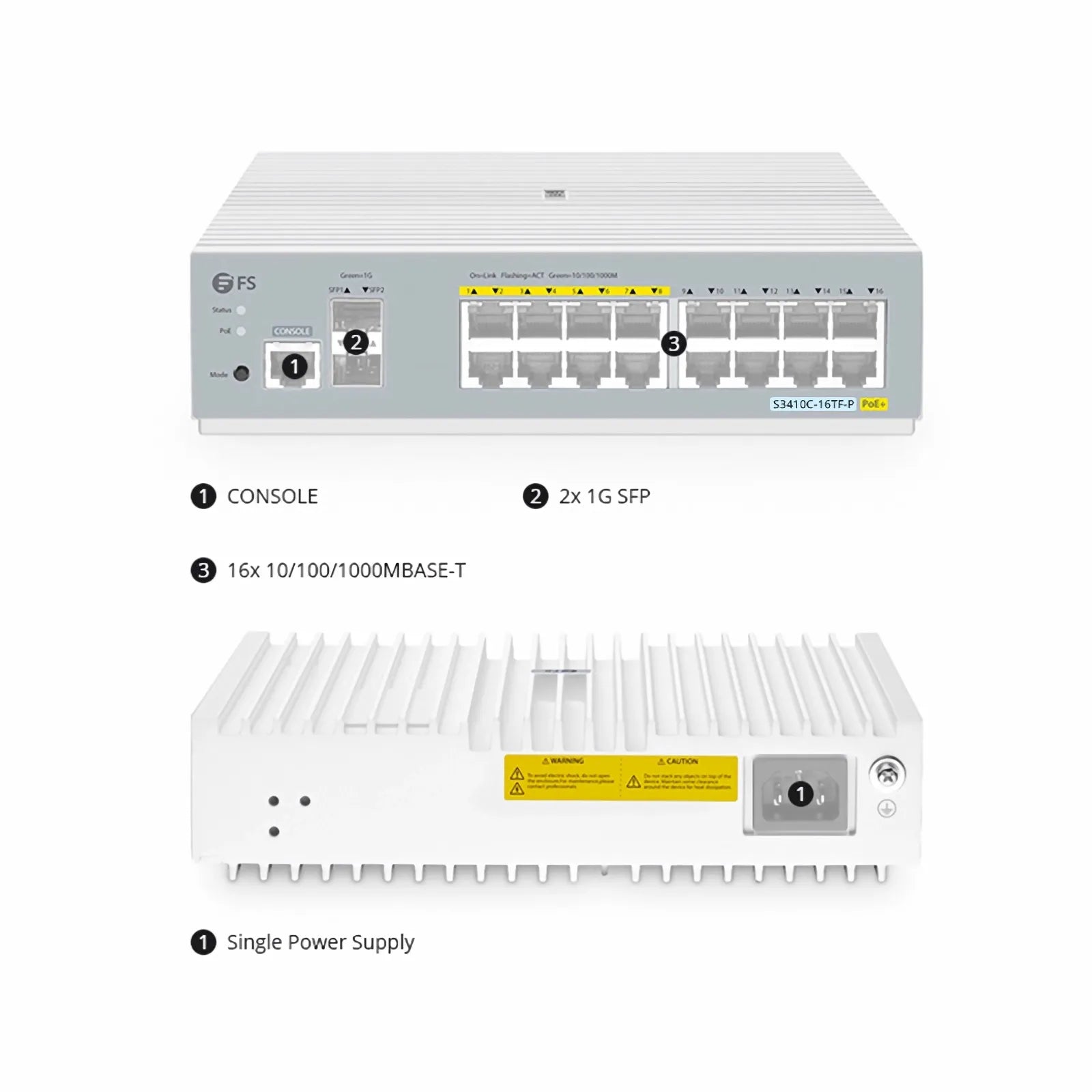 S3410C-16TF-P, 16-Port Gigabit Ethernet L2+ PoE+ Switch, 8 x PoE+ Ports@125W, 8 x 1Gb RJ45, with 2 x 1Gb SFP Uplinks, PicOS®, Support MLAG, Broadcom Chip, Fanless