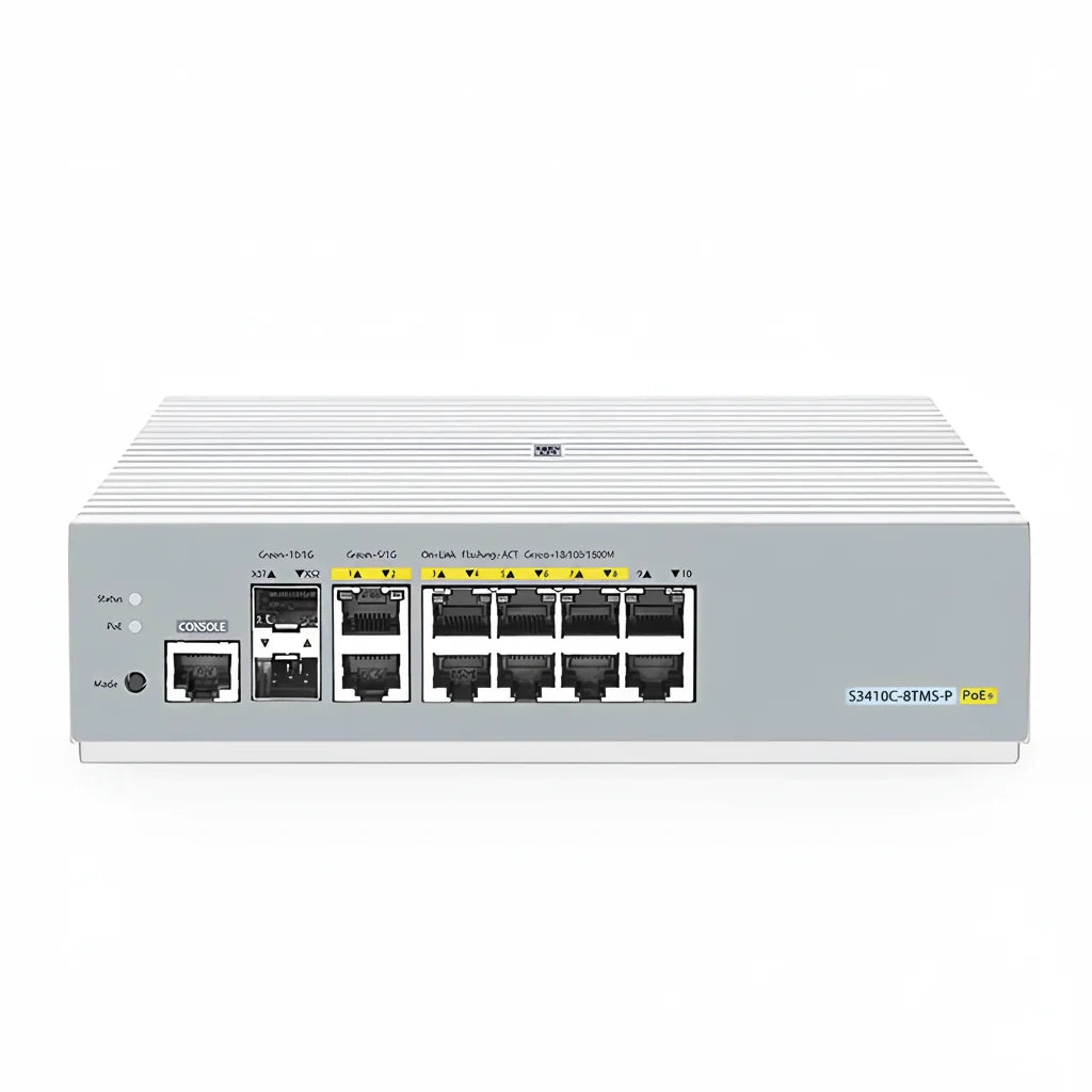 S3410C-8TMS-P, 8-Port Gigabit Ethernet L2+ PoE+ Switch, 8 x PoE+ Ports@125W, 2 x 5Gb RJ45, with 2 x 10Gb SFP+ Uplinks, PicOS®, Support MLAG, Broadcom Chip, Fanless