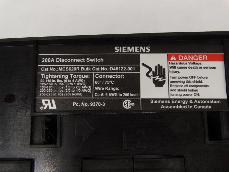 Siemens MCS620R 200A 3-Pole Non-Fusible Disconnect Switch 600VAC Panel Mount