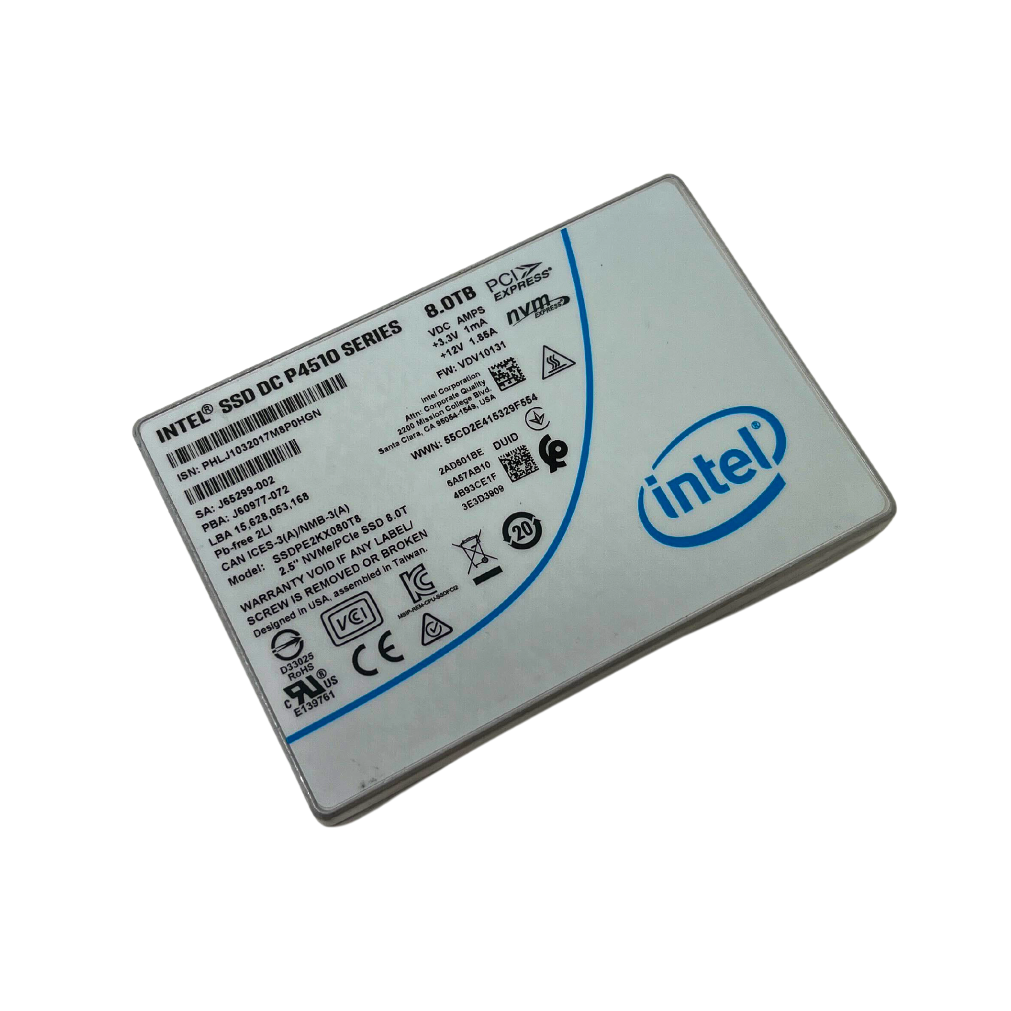 Intel 8TB 2.5" NVMe U.2 PCIe Gen 3.0 x4 RI SFF 2.5" SSD DC P4510 Series SSDPE2KX080T8