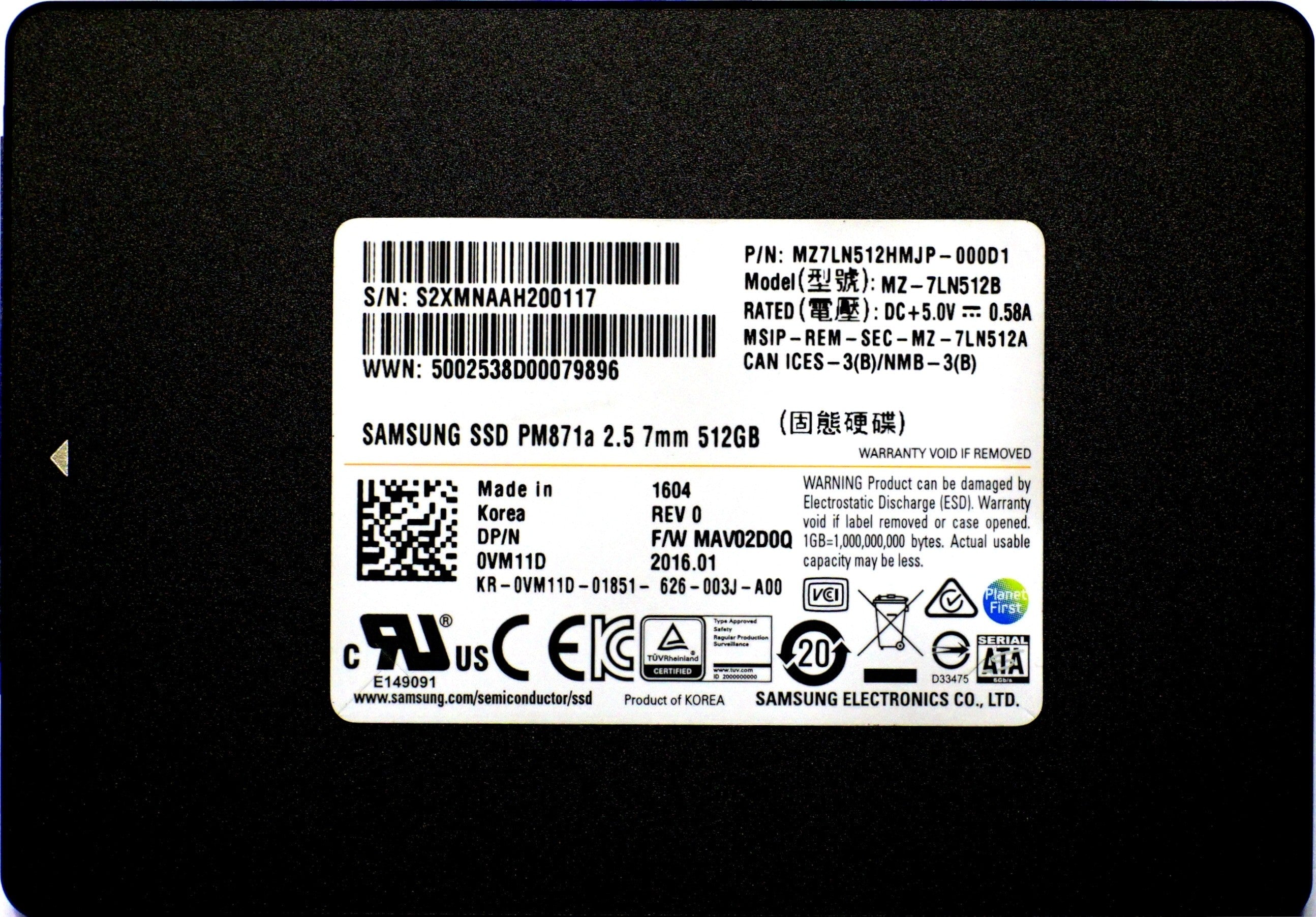 Dell Samsung PM871a 512GB MLC SATA 6Gbps 2.5'' Solid State Drive SSD (MZ-7LN512B)