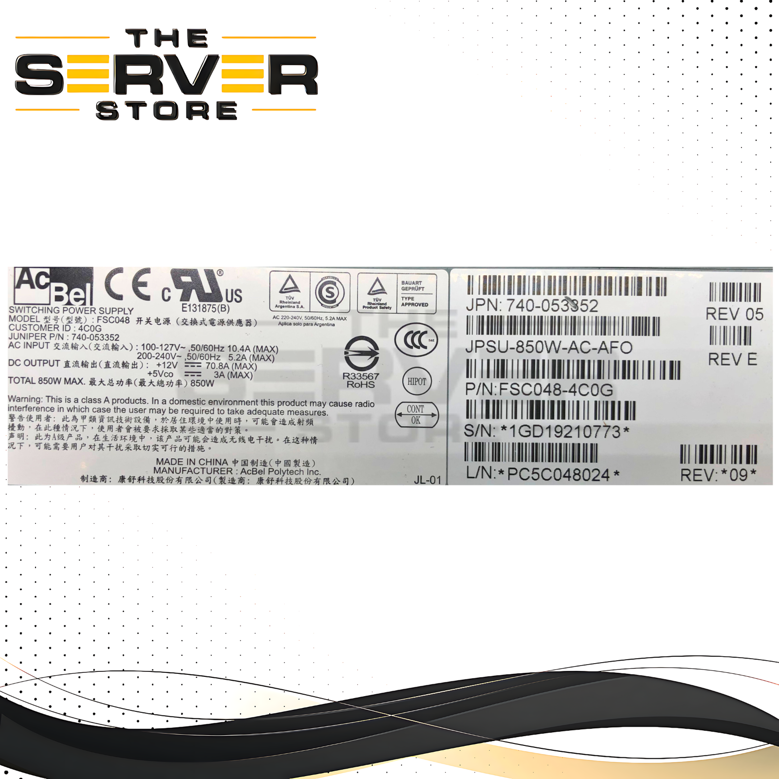 Juniper 850W 80+ Platinum Hot-Swap AC Power Supply for QFX5100 & QFX5200 Switches. AFO (Front-to-Back Airflow). P/N: 740-053352, FSC048-4C0, JPSU-850W-AC-AFO.
