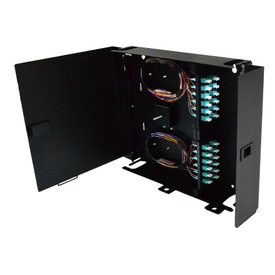 Wall Mount Enclosure 4 Panel Deluxe Loaded with 4 Duplex SC OM3 Plates Pigtails & Splice Trays Black