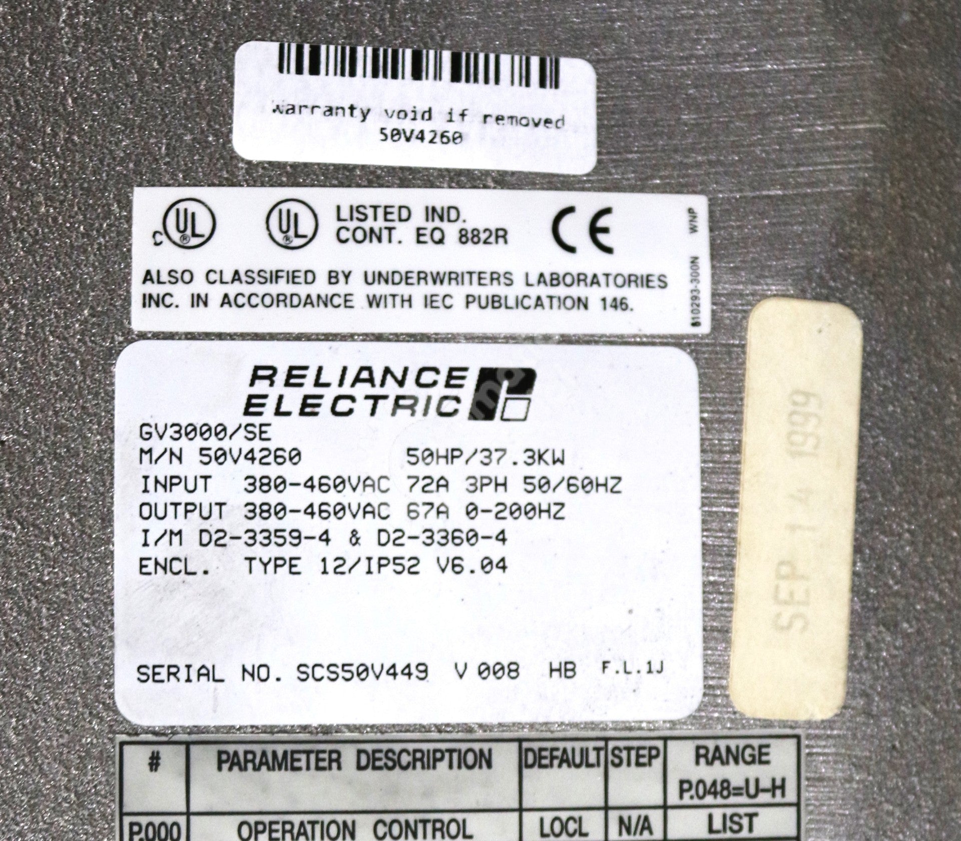 50V4260 by Reliance Electric 50HP 3 Phase 380-460VAC Drive GV3000