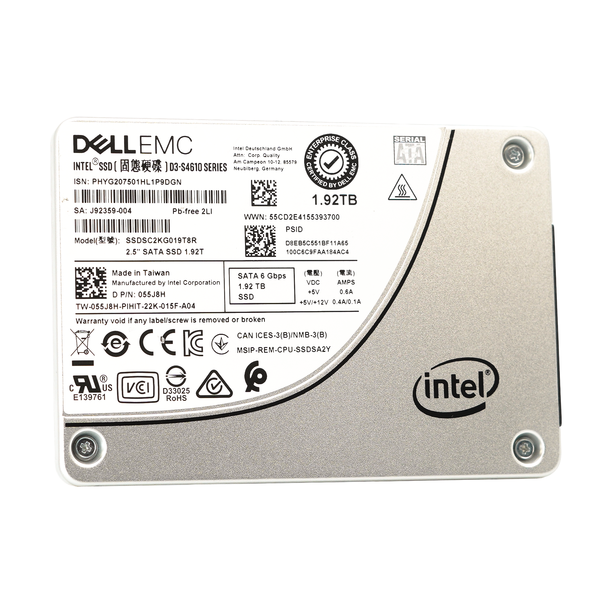 Dell S4610 55J8H SSDSC2KG019T8R 1.92TB SATA 6Gb/s 3DWPD Mixed Use 2.5in Refurbished SSD